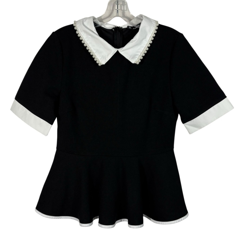 Shein Black White Peter Pan Wednesday Collar Pearl Trim Peplum Hem Blouse Small